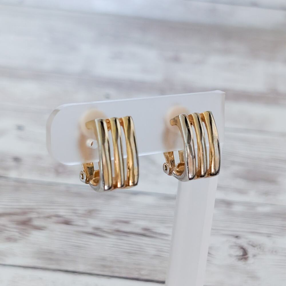 Vintage Clip On Earrings Angled Hoop - Gold Tone Has Silvering